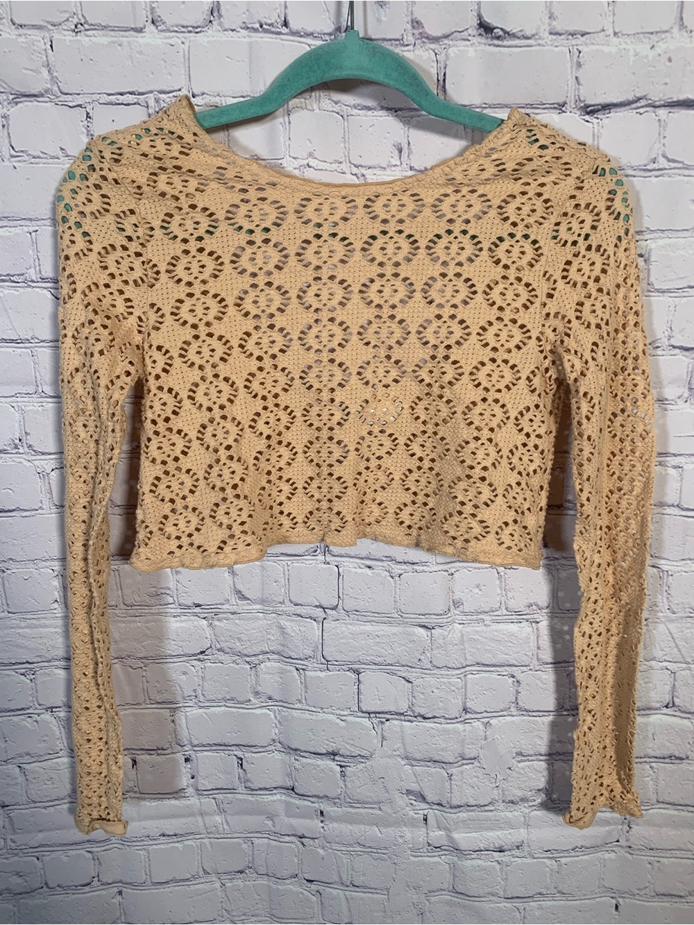 Free People Beach Womens Eyelet Long Sleeve Crop Top Tan Size XS Beach Vacation